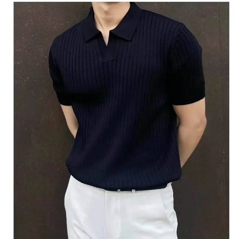 Men's Polo Shirt - Breathable Fabric Classic Men's Clothing Ice Silk Lightweight Men's Fashion Polo Shirt Striped Design Summer Wear V-Neck