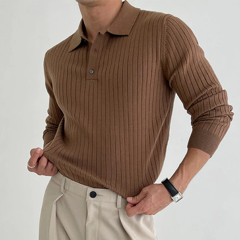 Men's Polo Shirts - Button-Down Pullover Long Sleeve Polo Shirt Luxury Knit Polo Men's Fashion Premium Knitwear Solid Color Polo Streetwear Clothing