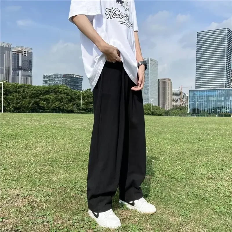 Men's Pants - "Summer Pants Breathable Summer Wear" Casual Draped Pants High Street Fashion Ice Silk Pants Men's Loose Fit Trousers Straight-Leg Trousers Wide Leg Pants