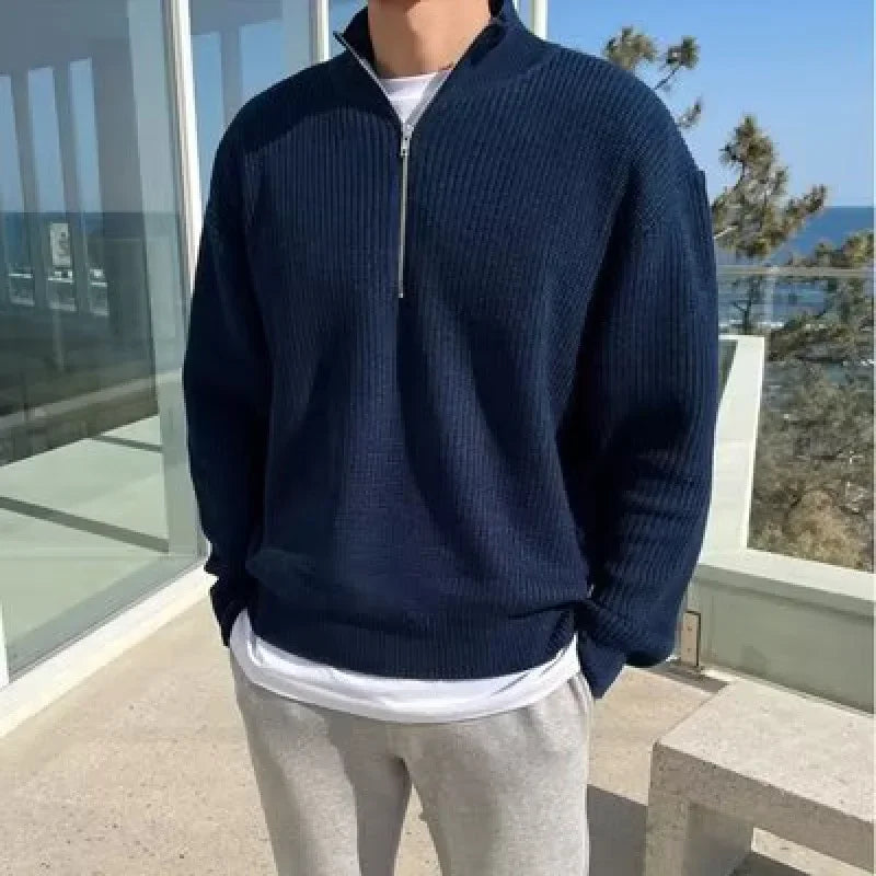 Men's Sweaters - Autumn Sweater Casual Knit Top Half-Zip Cardigan Korean Style Knitwear Stand Collar Sweater Trendy Men's Fashion Versatile Pullover