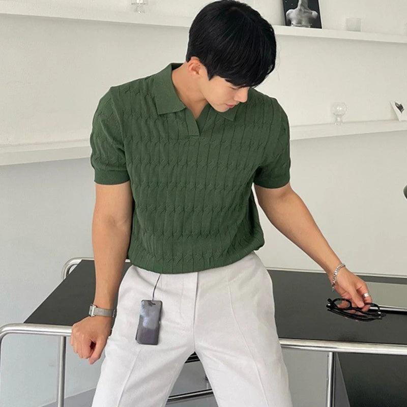 Men’s Polo Shirts - breathable knitwear casual polo shirt Korean fashion luxury jacquard polo men’s knitted polo Old Era Fashion short sleeve knitwear summer polo shirt v-neck polo