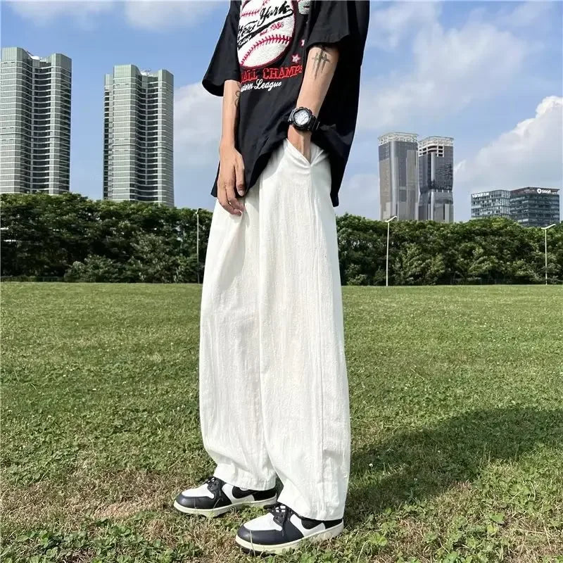 Men's Pants - "Summer Pants Breathable Summer Wear" Casual Draped Pants High Street Fashion Ice Silk Pants Men's Loose Fit Trousers Straight-Leg Trousers Wide Leg Pants