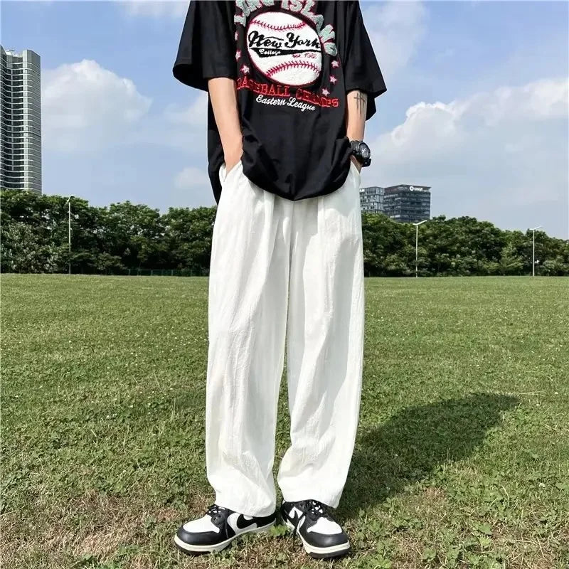 Men's Pants - "Summer Pants Breathable Summer Wear" Casual Draped Pants High Street Fashion Ice Silk Pants Men's Loose Fit Trousers Straight-Leg Trousers Wide Leg Pants