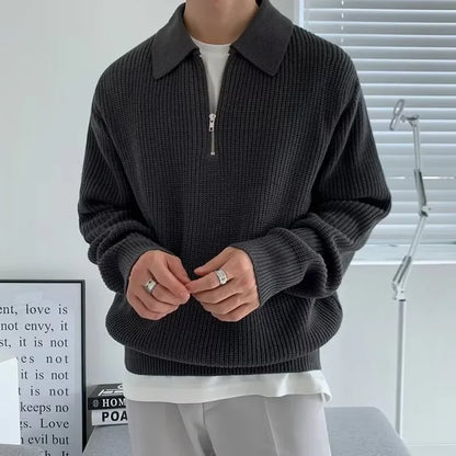 Men's Sweaters - "Half-Zip Sweater Autumn Winter Sweater Casual Knit Top High-End Men's Fashion Japanese Style Knitwear Lapel Sweater Loose Fit Pullover Trendy Men's Clothing"